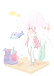 Rule 34 | 1girl, absurdres, ahoge, arm behind back, blue archive, blue eyes, collarbone, commentary request, coral, coral reef, dress, enobun3gyo, fish, heterochromia, high heels, highres, holding, holding umbrella, hoshino (blue archive), long hair, off-shoulder dress, off shoulder, pink hair, sand, simple background, solo, standing, starfish, umbrella, whale, white background, white dress, yellow eyes