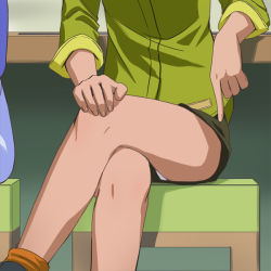 Rule 34 | 10s, 1girl, close-up, green shirt, haruyama kazunori, legs, crossed legs, midorikawa nao, panties, pantyshot, precure, shirt, sitting, smile precure!, solo, underwear, upshorts