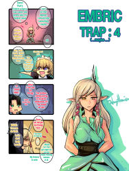 Rule 34 | !?, 3girls, alice (embric), arms behind back, bakki, blonde hair, blush, blush stickers, breasts, chibi, comic, dress, eavesdropping, elf, embric of wulfhammer&#039;s castle, english text, falwythwier windgrace, feather hair ornament, feathers, gaijin 4koma (meme), green eyes, hair ornament, large breasts, long hair, long pointy ears, louni quickfingers, maid, maid headdress, meme, multiple girls, non-web source, pointy ears, speech bubble, spoken interrobang, sweatdrop, thought bubble, yuri