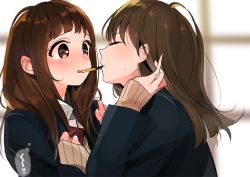 Rule 34 | 2girls, blazer, bow, bowtie, brown eyes, brown hair, clenched hands, closed eyes, commentary request, food, tucking hair, hand on another&#039;s shoulder, homua, jacket, long hair, long sleeves, looking at another, multiple girls, open mouth, original, pocky, pocky day, pocky kiss, red bow, red bowtie, school uniform, shared food, sleeves past wrists, upper body, wavy mouth, yuri