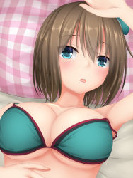 Rule 34 | 10s, 1girl, :o, adapted costume, arm up, armpits, bare shoulders, bed, bed sheet, beret, bikini, blue eyes, blush, breasts, brown hair, cleavage, collarbone, eyebrows, green bikini, green hat, hair between eyes, hand on forehead, hand on own stomach, hat, highres, kantai collection, large breasts, looking at viewer, lying, maya (kancolle), maya kai ni (kancolle), on back, on bed, parted lips, pillow, plaid, plaid pillow, short hair, solo, swimsuit, tapisuke, tareme, upper body
