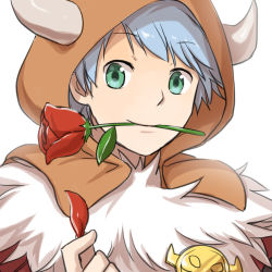 Rule 34 | 1boy, blue hair, brown hood, closed mouth, commentary request, fake horns, flower, flower in mouth, fur collar, green eyes, holding, holding petal, hood, horned hood, horns, looking at viewer, mouth hold, natsuya (kuttuki), petals, ragnarok online, red flower, rose, shadow chaser (ragnarok online), short hair, simple background, smile, smiley face, solo, upper body, white background