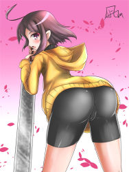 Rule 34 | 1girl, ahoge, ass, bike shorts, blush, brown hair, cameltoe, from behind, highres, hood, hoodie, huge weapon, leaning, leaning forward, linne, looking back, nagashi, open mouth, pink eyes, shiny clothes, short hair, solo, sword, under night in-birth, weapon
