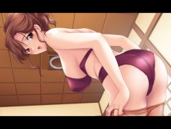 Rule 34 | 1girl, ass, bra, breasts, brown eyes, brown hair, furin kazoku, game cg, huge breasts, kinmedai pink, letterboxed, lingerie, mature female, mole, mole under eye, non-web source, panties, pantyhose, ponytail, solo, tachibana michiko, underwear, underwear only, undressing
