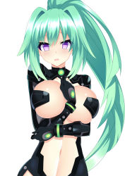 Rule 34 | 1girl, absurdres, blush, bodysuit, breasts, center opening, cleavage, elbow gloves, gloves, green heart (neptunia), hatsune haruka, highres, kami jigen game neptune v, large breasts, leotard, navel, neptune (series), ponytail, power symbol, power symbol-shaped pupils, purple eyes, revealing clothes, simple background, solo, symbol-shaped pupils, white background