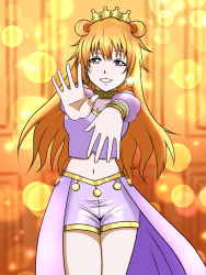 Rule 34 | 1girl, artist name, artist request, bare legs, beamed quavers, blush, bracelet, breasts, brown hair, butterfly (love live!), choker, cleavage, clothing cutout, collarbone, cropped shirt, crown, detached sleeves, double bun, dress, dress shirt, earrings, female focus, gold bracelet, hair between eyes, hair bun, hair rings, harem outfit, highres, indoors, jewelry, konoe kanata, long hair, looking at viewer, love live!, love live! nijigasaki high school idol club, love live! school idol festival, medium breasts, navel, orange background, parted lips, puffy short sleeves, puffy sleeves, purple eyes, purple shirt, purple shorts, quaver, shirt, short sleeves, shorts, shoulder cutout, smile, solo, teeth, two side up, yellow bracelet, yellow choker