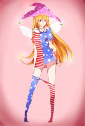 Rule 34 | 1girl, :p, aged up, american flag dress, american flag legwear, american flag shirt, blonde hair, clothes pull, clownpiece, congming lan, contrapposto, full body, gradient background, hair between eyes, hat, highres, jester cap, long hair, looking at viewer, pants, pants pull, pantyhose, pantyhose pull, red eyes, smile, solo, standing, striped clothes, striped pantyhose, tareme, tongue, tongue out, touhou, very long hair