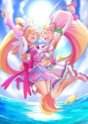 Rule 34 | 2girls, absurdres, aida mana, ankle bow, ankle ribbon, arm around waist, arm up, armpits, blonde hair, blue sky, boots, bow, brooch, choker, closed eyes, cloud, cloudy sky, commentary, cure heart, cure summer, detached sleeves, dokidoki! precure, dress, dress bow, earrings, elbow gloves, eyelash ornament, facing viewer, fingerless gloves, flower, glove bow, gloves, gradient hair, hair flower, hair ornament, half updo, happy birthday, heart, heart brooch, heart hair ornament, hibiscus, high heel boots, high heels, high ponytail, highres, horizon, index finger raised, jewelry, jumping, knee boots, legs up, long hair, magical girl, midriff, miniskirt, multicolored hair, multiple girls, natsuumi manatsu, ocean, open mouth, pink arm warmers, pink bow, pink choker, pink dress, pink footwear, pink hair, pink sailor collar, pink sleeves, pleated skirt, ponytail, pouch, precure, ribbon, sailor collar, shell brooch, shirt, shoes, short sleeves, side ponytail, skirt, sky, sleeveless, sleeveless shirt, smile, sun, tirofinire, triangle earrings, tropical-rouge! precure, very long hair, waist bow, water, white choker, white footwear, white gloves, white shirt, white skirt, wide ponytail, wrist bow