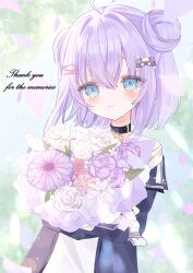 Rule 34 | 1girl, ahoge, artist request, belt collar, black collar, black jacket, blue eyes, bouquet, closed mouth, collar, confetti, controller, double bun, flower, game controller, hair bun, hair ornament, hairclip, highres, holding, holding bouquet, indie virtual youtuber, jacket, open clothes, open jacket, pink flower, pink rose, purple flower, purple hair, purple rose, rose, second-party source, shirt, shizukou, smile, solo, tearing up, thank you, unzipped, virtual youtuber, white flower, white rose, white shirt