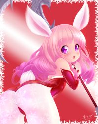 Rule 34 | 1girl, animal ears, ass, axe, bare back, bare shoulders, blush, rabbit ears, curly hair, elbow gloves, elin, from behind, gloves, highres, leaning forward, leotard, long hair, looking back, open mouth, pink eyes, pink hair, solo, tail, tera online, uatemyrice, weapon