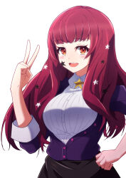Rule 34 | 1girl, blush, breasts, cardigan, facial mark, fire emblem, fire emblem engage, hair ornament, hand on own hip, highres, long hair, looking at viewer, minamonochaba, nintendo, official alternate costume, open mouth, red eyes, red hair, smile, solo, star (symbol), star hair ornament, v, yunaka (fire emblem)