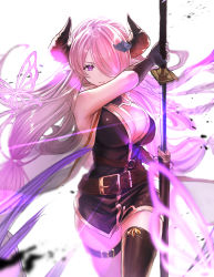 Rule 34 | 1girl, absurdres, braid, breasts, cleavage, closed mouth, commentary request, draph, fingerless gloves, gloves, granblue fantasy, granblue fantasy versus, hair ornament, hair over one eye, highres, holding, holding sword, holding weapon, horns, katana, large breasts, long hair, looking at viewer, narmaya (granblue fantasy), nishibi mitsuba, pink hair, pointy ears, purple eyes, serious, sheath, shiny skin, side braid, simple background, single thighhigh, solo, sword, thigh strap, thighhighs, very long hair, weapon
