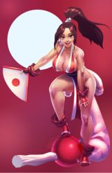 Rule 34 | 1girl, bare shoulders, bent over, breasts, brown eyes, brown hair, cleavage, earrings, fatal fury, feet, fingerless gloves, full body, gloves, hand fan, japanese clothes, jewelry, large breasts, leaning forward, long hair, ninja, pelvic curtain, ponytail, red theme, revealing clothes, robaato, scrunchie, shiranui mai, smile, snk, socks, solo, tabi, the king of fighters