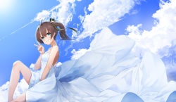 Rule 34 | 1girl, ahoge, alternate costume, bad id, bad pixiv id, bare legs, blue eyes, blue sky, blush, breasts, brown hair, cat hair ornament, cloud, cloudy sky, commentary, day, dress, grin, hair between eyes, hair ornament, hair ribbon, highres, hololive, knee up, long dress, looking at viewer, medium hair, natsuiro matsuri, outdoors, ribbon, side ponytail, sitting, sky, sleeveless, sleeveless dress, small breasts, smile, solo, sun, thighs, toto (kuro toto), v, virtual youtuber, white dress, wind