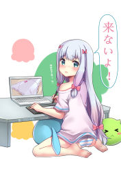 Rule 34 | &gt; &lt;, 10s, 1girl, :&lt;, absurdres, artist name, ass, barefoot, blue eyes, blush, bow, bow panties, cameltoe, closed eyes, computer, drawing tablet, eromanga sensei, full body, hair bow, highres, izumi sagiri, laptop, long hair, looking at viewer, looking back, low-tied long hair, nose blush, off shoulder, panties, pink bow, pink panties, shirt, silver hair, solo, speech bubble, striped clothes, striped panties, stuffed toy, t-shirt, table, underwear, w-verne