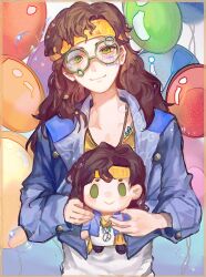 Rule 34 | 1boy, blue jacket, brown hair, bubble, character doll, curly hair, diggers (reverse:1999), doll, drawing on own face, fllouvge, glasses, green eyes, grey-framed eyewear, happy birthday, head tilt, headband, highres, hippie, holding, holding doll, jacket, long hair, male focus, novelty glasses, open clothes, open jacket, reverse:1999, shirt, smile, solo, too many balloons, upper body, white shirt, yellow headband