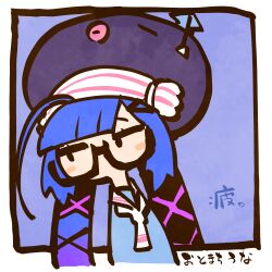 Rule 34 | 1girl, ahoge, black eyes, blue hair, blue shirt, blunt bangs, border, character name, chibi, commentary request, cropped torso, eel hat, glasses, gradient hair, highres, huge ahoge, jitome, kuron (uhhr2odhrppc5nw), looking to the side, multicolored hair, necktie, no sclera, otomachi una, otomachi una (talkex), outside border, purple background, sailor collar, shirt, simple background, solo, talkex, translation request, twintails, vocaloid, white border, white necktie, white sailor collar