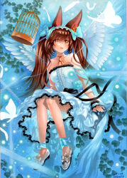 Rule 34 | 1girl, :d, angel wings, animal ears, artist name, azur lane, bare shoulders, birdcage, blue bow, blue flower, blue rose, blush, bow, breasts, brown hair, bug, butterfly, cage, choker, collarbone, crown, dated, dress, evening gown, feathered wings, feathers, flower, fox ears, frilled dress, frills, full body, hair bow, hairband, highres, insect, jewelry, knees together feet apart, lolita hairband, long hair, looking to the side, medium breasts, mini crown, mosho22, nagato (azur lane), nagato (guardian fox&#039;s procession) (azur lane), necklace, open mouth, painting (medium), ribbon, rose, shoes, signature, sitting, smile, solo, strapless, strapless dress, traditional media, twintails, watercolor (medium), white dress, white footwear, white wings, wings, wrist cuffs, yellow eyes