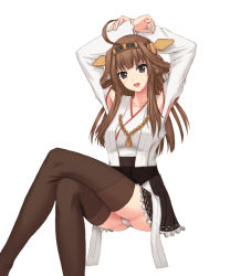 Rule 34 | 10s, 1girl, arms behind head, arms up, bad id, bad pixiv id, black eyes, black skirt, boots, breasts, brown hair, brown thighhighs, collarbone, crossed legs, double bun, female focus, frilled skirt, frills, ghound, hair bun, hairband, headgear, kantai collection, kongou (kancolle), large breasts, legs, long legs, looking at viewer, miniskirt, nontraditional miko, open mouth, panties, pantyshot, pleated skirt, ribbon-trimmed skirt, ribbon-trimmed sleeves, ribbon trim, simple background, sitting, skirt, solo, thigh boots, thighhighs, thighs, underwear, white background, white panties