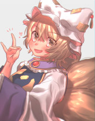 Rule 34 | 1girl, :d, animal hat, blonde hair, blush, breasts, commentary request, dress, fang, fox shadow puppet, fox tail, frilled shirt collar, frills, grey background, hand up, hat, heart, highres, large breasts, long sleeves, looking at viewer, masanaga (tsukasa), mob cap, multiple tails, ofuda, open mouth, simple background, smile, solo, tabard, tail, touhou, upper body, white dress, white hat, wide sleeves, yakumo ran, yellow eyes