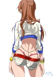 Rule 34 | 10s, 1girl, ass, back, belly chain, belt, bracelet, brown hair, chain, chuunibyou demo koi ga shitai!, cropped jacket, from behind, jacket, jewelry, long hair, midriff, nibutani shinka, revision, shiny skin, short shorts, shorts, side ponytail, simple background, skindentation, solo, suna (sandworks), thong, whale tail (clothing), white background