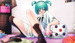 Rule 34 | 1girl, aqua hair, bare legs, bare shoulders, between legs, black socks, blue hair, blush, book, carpet, controller, full body, glasses, hair between eyes, hand between legs, highres, kariyuki, kneehighs, leaning on object, looking at viewer, loose clothes, loose socks, nail polish, no pants, open mouth, original, phone, red eyes, shirt, short hair, short sleeves, sitting, snack, socks, solo, spread legs, stuffed toy, t-shirt, thighhighs, thighs, twintails, wall, white shirt