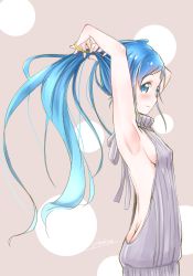 Rule 34 | 10s, 1girl, adjusting hair, alternate costume, armpits, arms up, ass, backless dress, backless outfit, bare back, blue eyes, blue hair, breasts, butt crack, dress, from side, gradient hair, halterneck, kantai collection, long hair, looking at viewer, meme attire, multicolored hair, naked sweater, ribbed sweater, samidare (kancolle), sideboob, small breasts, smile, solo, sweater, sweater dress, swept bangs, turtleneck, turtleneck sweater, tying hair, upper body, very long hair, virgin killer sweater, yokoshi, yokoshima (euphoria)