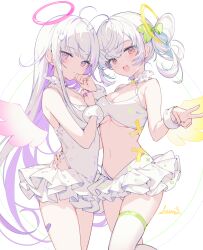 Rule 34 | 2girls, angel, bandaid, breasts, cleavage, closed mouth, collarbone, hair ornament, highres, icomochi, long hair, looking at viewer, medium breasts, multiple girls, navel, open mouth, original, rabbit hair ornament, simple background, thighhighs, white background