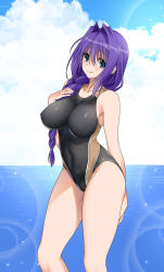 Rule 34 | 1girl, absurdres, beach, black one-piece swimsuit, blue eyes, braid, braided ponytail, breasts, closed mouth, cloud, competition swimsuit, covered erect nipples, covered navel, day, highres, kanon, large breasts, long hair, looking at viewer, mature female, minase akiko, mitarashi kousei, ocean, one-piece swimsuit, outdoors, purple hair, sky, smile, solo, standing, sunlight, swimsuit