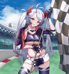 Rule 34 | 1girl, absurdres, azur lane, belt, blue sky, breasts, checkered flag, clothing cutout, cloud, cloudy sky, contrapposto, cropped jacket, cropped shirt, earpiece, flag, gloves, half gloves, highres, holding, holding flag, jacket, kic ko, large breasts, long hair, looking at viewer, multicolored hair, official alternate costume, open clothes, open jacket, panties, panty straps, prinz eugen (azur lane), prinz eugen (final lap) (azur lane), purple gloves, purple jacket, purple thighhighs, race queen, racetrack, red hair, red panties, sky, standing, streaked hair, thighhighs, two-tone hair, two-tone skirt, underboob, underboob cutout, underwear, very long hair, white belt, white hair, yellow eyes, zettai ryouiki