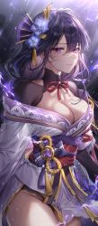 Rule 34 | 1girl, braid, breasts, cleavage, genshin impact, hair ornament, highres, japanese clothes, kimono, large breasts, looking at viewer, low-braided long hair, low-tied long hair, pillo, purple eyes, purple hair, raiden shogun, solo, thick thighs, thighs, upper body