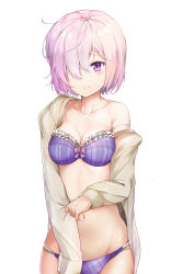 Rule 34 | 1girl, absurdres, alternate costume, blush, bow, bow bra, bra, collarbone, dress shirt, fate/grand order, fate (series), hair over one eye, highres, light purple hair, lingerie, looking at viewer, mash kyrielight, navel, off shoulder, open clothes, open shirt, panties, plaid, plaid bra, plaid panties, purple bow, purple bra, purple eyes, purple panties, shirt, short hair, simple background, solo, stomach, strap slip, sunhyun, underwear, white shirt