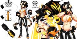 Rule 34 | 1girl, abs, absurdres, animal ears, bikini, black hair, blue eyes, breasts, character sheet, choker, commentary, english commentary, gloves, gluteal fold, highres, jacket, large breasts, lyuka, mole, mole under mouth, multicolored hair, multiple views, muscular, muscular female, navel, open clothes, open jacket, open mouth, original, pants, parted lips, ponytail, simple background, smirk, standing, swimsuit, tail, tattoo, teeth, tiger ears, tiger girl, tiger tail, tight clothes, tight pants, tongue, torn clothes, two-tone hair, white background