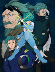 Rule 34 | 10s, 4boys, abiko yuuji, angry, aqua hair, beard, black gloves, blue eyes, coat, facial hair, flit asuno, gloves, goggles, goggles on head, green eyes, green hair, gundam, gundam age, helmet, highres, jacket, male focus, multiple boys, multiple persona, mustache, old, aged up, overcoat, pilot suit, space, time paradox, trench coat, aged down