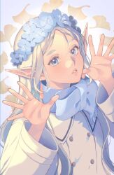 Rule 34 | 1girl, alternate eye color, blue eyes, blue flower, blue scarf, buttons, coat, commentary, earrings, elf, english commentary, falling leaves, flower, flower wreath, frieren, ginkgo leaf, grey hair, hair down, hands up, head wreath, highres, jewelry, leaf, long hair, long pointy ears, long sleeves, looking at viewer, nemophila (flower), open hands, parted bangs, parted lips, pointy ears, scarf, short eyebrows, solo, sousou no frieren, syertse, teeth, thick eyebrows, upper body, white coat, wide sleeves, winter clothes, winter coat