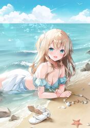 Rule 34 | 1girl, bare shoulders, beach, blonde hair, blue eyes, blue shirt, breasts, cleavage, collarbone, crop top, detached sleeves, hair ribbon, highres, horizon, jewelry, lens flare, long hair, looking at viewer, lying, medium breasts, midriff, miniskirt, necklace, ocean, on stomach, open mouth, original, pleated skirt, ribbon, sandals, shell, shell necklace, shirt, short sleeves, skirt, sleeveless, sleeveless shirt, smile, solo, spaghetti strap, summer, two side up, unworn sandals, water, weri, wet, white skirt