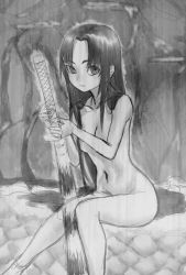 Rule 34 | 1girl, alternate hairstyle, breasts, cleavage, closed mouth, completely nude, fate/grand order, fate (series), gishu, greyscale, hair down, hands up, holding, holding sword, holding weapon, knees together feet apart, long hair, looking at viewer, monochrome, navel, nude, sitting, sketch, small breasts, solo, sword, ushiwakamaru (fate), very long hair, weapon