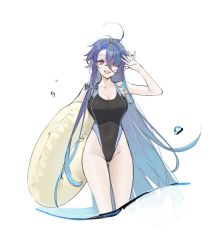 Rule 34 | 1girl, ahoge, azur lane, bare arms, bare legs, bare shoulders, blue hair, breasts, cleavage, collarbone, competition swimsuit, foch (azur lane), hair over one eye, highres, innertube, large breasts, long hair, looking at viewer, ohisashiburi, one-piece swimsuit, open mouth, red eyes, sharp teeth, simple background, sketch, slit pupils, smile, solo, standing, swept bangs, swim ring, swimsuit, teeth, thighs, very long hair, waving, white background