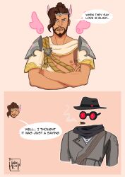 Rule 34 | 2boys, 2koma, absurdres, armor, beard, black headwear, black scarf, brown hair, cassidy (overwatch), comic, commentary, crossed arms, cupid, cupid hanzo, english commentary, english text, facial hair, glasses, hanzo (overwatch), highres, invisible man, male focus, multiple boys, nipples, official alternate costume, open mouth, overwatch, overwatch 2, pink wings, scarf, short hair, shoulder armor, simple background, smoking, smoking pipe, speech bubble, teeth, thehollowcrow, upper body, upper teeth only, wings, yaoi