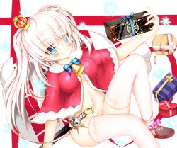 Rule 34 | 1girl, blue eyes, blush, bow, box, breasts, candy, ce4wgd, christmas, crown, gift, hair over eyes, hand up, heart-shaped box, long hair, medium breasts, mini crown, navel, panties, pink bow, red background, sack, sennen sensou aigis, simple background, sitting, smile, snowflakes, solo, sword, sybilla, thighhighs, tilted headwear, two-tone background, underwear, weapon, white background, white hair, white thighhighs, wrapped candy