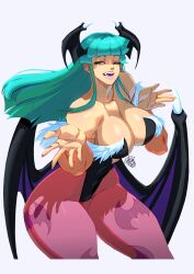 Rule 34 | 1girl, artist name, bat wings, breasts, brown pantyhose, cleavage, clothing cutout, fangs, green eyes, green hair, half-closed eyes, head wings, heart cutout, highleg, highleg leotard, highres, large breasts, leotard, long hair, morrigan aensland, open mouth, pantyhose, shaded face, smile, solo, strapless, strapless leotard, thick thighs, thighs, vampire (game), very long hair, wings