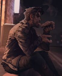 Rule 34 | 1boy, beard, black pants, closed eyes, dream daddy: a dad dating simulator, eating, facial hair, food, highres, jacket, leather, leather jacket, long sleeves, night, outdoors, pants, pizza, pizza slice, robert small, sevvanto, sitting, solo