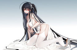 Rule 34 | 1girl, absurdres, artist name, azur lane, bare shoulders, black hair, bracelet, breasts, chinese commentary, commentary request, dress, full body, gradient background, grey background, hair ornament, high heels, highres, jewelry, large breasts, long hair, looking at viewer, official alternate costume, official alternate hairstyle, one side up, open mouth, red eyes, side slit, simple background, solo, taihou (azur lane), taihou (temptation on the sea breeze) (azur lane), thighhighs, very long hair, white background, white dress, white thighhighs, xnnagu