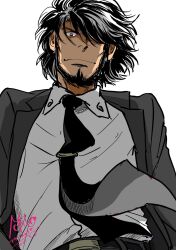 Rule 34 | 1boy, beard, belt, black belt, black hair, black jacket, black necktie, blood, blood on clothes, closed mouth, collared shirt, dated, facial hair, from below, grey pants, hair over one eye, highres, jacket, jigen daisuke, long sideburns, long sleeves, lupin iii, male focus, messy hair, michio (hara78994098), necktie, pants, pov, red eyes, shirt, short hair, sideburns, signature, simple background, solo, tie clip, white background, white shirt