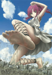 Rule 34 | 1girl, absurdres, aircraft, airplane, armpits, barefoot, blunt bangs, building, city, clenched hand, cloud, contrail, day, destruction, dirty, dirty feet, eichikei (hakuto), feet, foot focus, giant, giantess, highres, huge giantess, magi the labyrinth of magic, morgiana, red hair, soles, toes