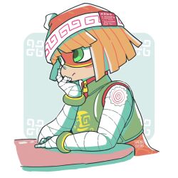 Rule 34 | 1girl, arms (game), beanie, blonde hair, bracelet, domino mask, eye mask, food, green eyes, hand on own face, hat, highres, jewelry, kamaboko, mask, min min (arms), narutomaki, orange hat, short hair, solo, whichdoll