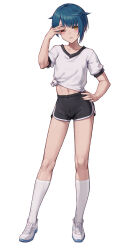 Rule 34 | 1girl, absurdres, black shorts, collarbone, contrapposto, full body, genshin impact, gym uniform, hand on own hip, hand up, highres, male focus, mool yueguang, navel, one eye closed, shiny skin, short hair, short sleeves, shorts, simple background, socks, solo, sweat, teeth, white background, white footwear, white socks, xingqiu (genshin impact)