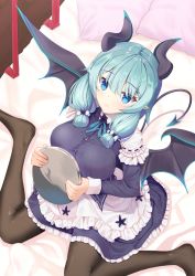 Rule 34 | 1girl, absurdres, aqua hair, black pantyhose, blue eyes, breasts, commentary request, demon girl, demon tail, demon wings, frills, from above, hair between eyes, highres, holding, holding tray, large breasts, long hair, long sleeves, looking at viewer, looking up, maid, maid headdress, on bed, pantyhose, pillow, pointy ears, satarina-ke no meido-san, satarina-san, sitting, solo, tail, tray, vrchat, wariza, wings, wooden floor