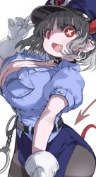 Rule 34 | 1girl, belt, black choker, blue hat, blue shirt, blue skirt, breast pocket, breasts, choker, cleavage, cowboy shot, cuffs, demon girl, demon horns, demon tail, ear piercing, earrings, fang, gloves, grey hair, handcuffs, hat, highres, hoop earrings, horns, jewelry, kkaebing, large breasts, looking at viewer, open clothes, open mouth, open shirt, original, pantyhose, pencil skirt, piercing, pocket, police, police hat, police uniform, puffy sleeves, red eyes, shirt, short hair, short sleeves, simple background, skirt, solo, symbol-shaped pupils, tail, thighband pantyhose, unbuttoned, uniform, white background, white gloves, x-shaped pupils