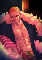 Rule 34 | 1boy, absurdres, ahi tb, black shirt, blonde hair, capri pants, character name, coat, dark background, dated, donquixote doflamingo, earrings, feather coat, feet out of frame, head rest, highres, jewelry, looking at viewer, male focus, muscular, muscular male, night, one piece, open clothes, pants, pink coat, shirt, short hair, sitting, smirk, sunglasses